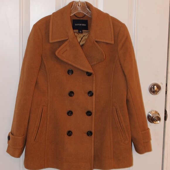 Lands End Tan Wool Blend Double Breasted Coat Women's Size 14 - Picture 1 of 7